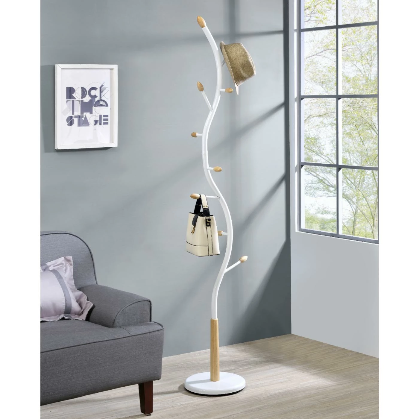 Promo 𧨠Roundhill Furniture Ares Metal White And Oak Standing π§₯ Coat Rack β¨ - Image 2