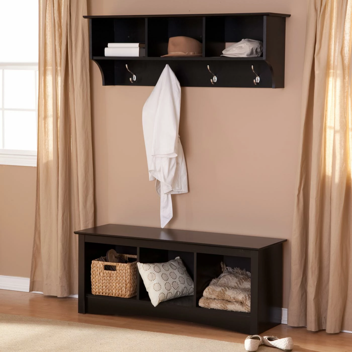 Buy π Wood Prepac Sonoma Black Triple Cubby Bench & π§₯ Coat Rack Set π
